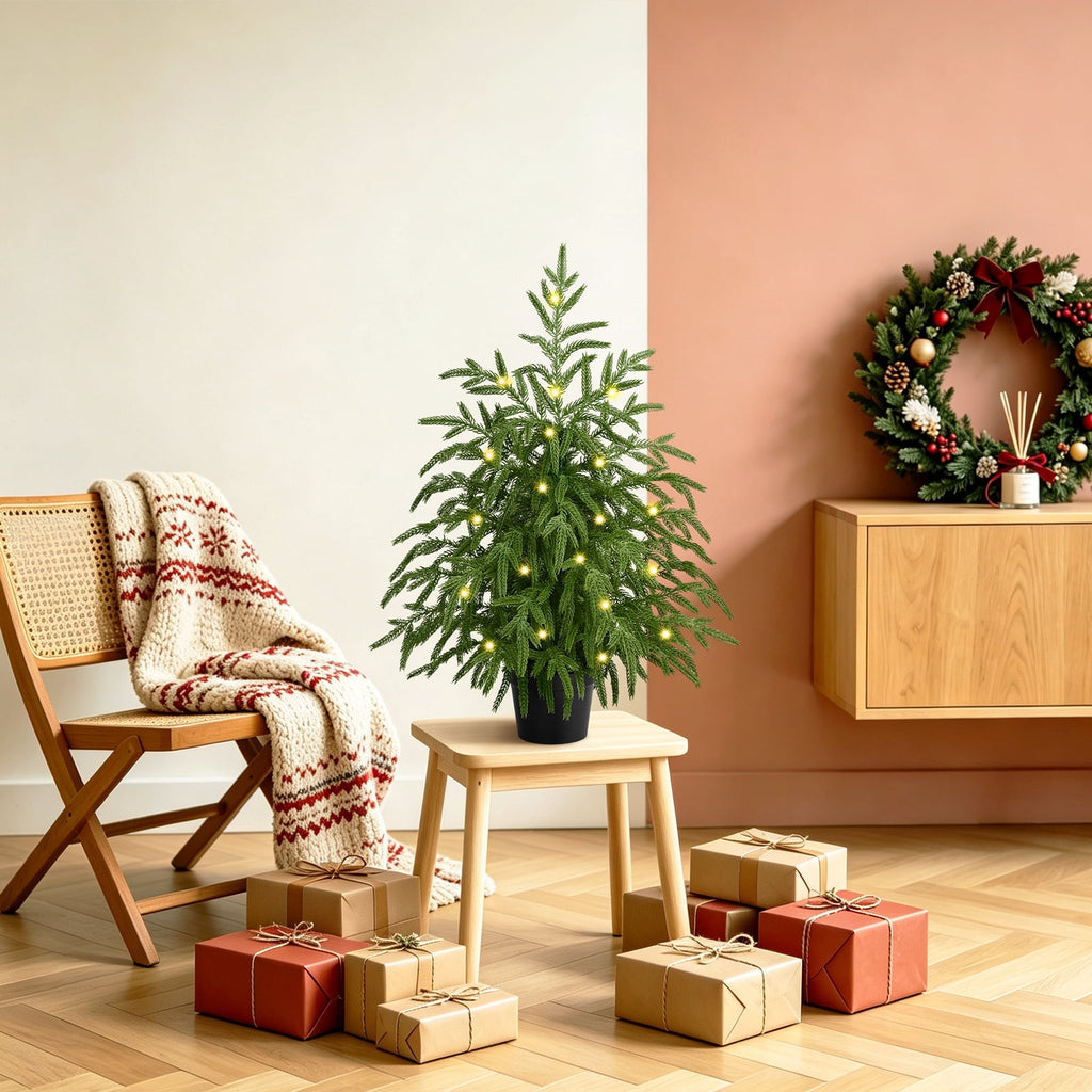 Yastouay 2FT Tabletop Christmas Tree Artificial Norfolk Pine Pre-Lit Xmas Tree with Lights for Front Porch Indoor Outdoor Christmas Decor