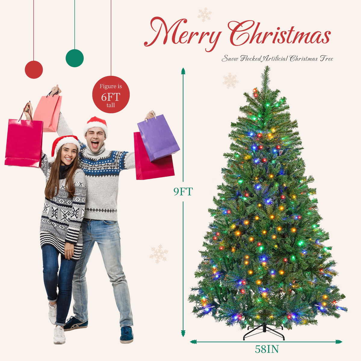 CONCETTA 6FT Pre-Lit Artificial Spruce Christmas Tree with Multicolor LED Lights, Realistic Indoor Home Holiday Decoration