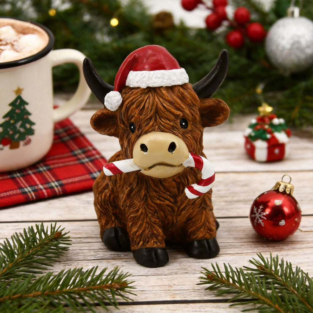 Highland Cow with Candy Cane Christmas Decoration, Brown, 4.3", by Holiday Time