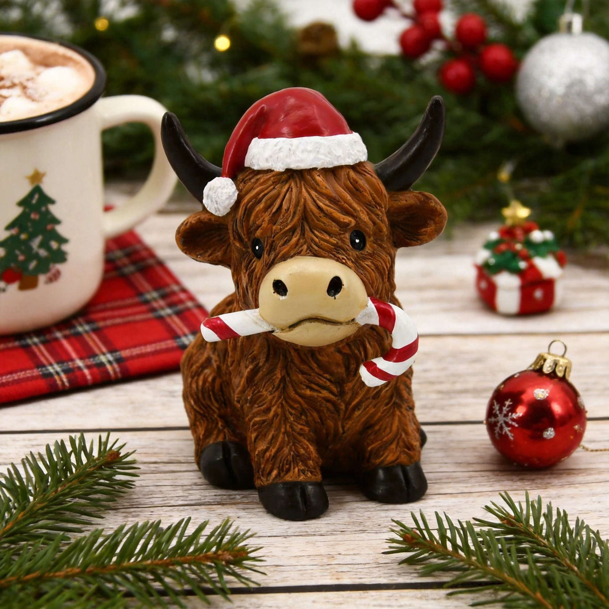 Highland Cow with Candy Cane Christmas Decoration, Brown, 4.3", by Holiday Time