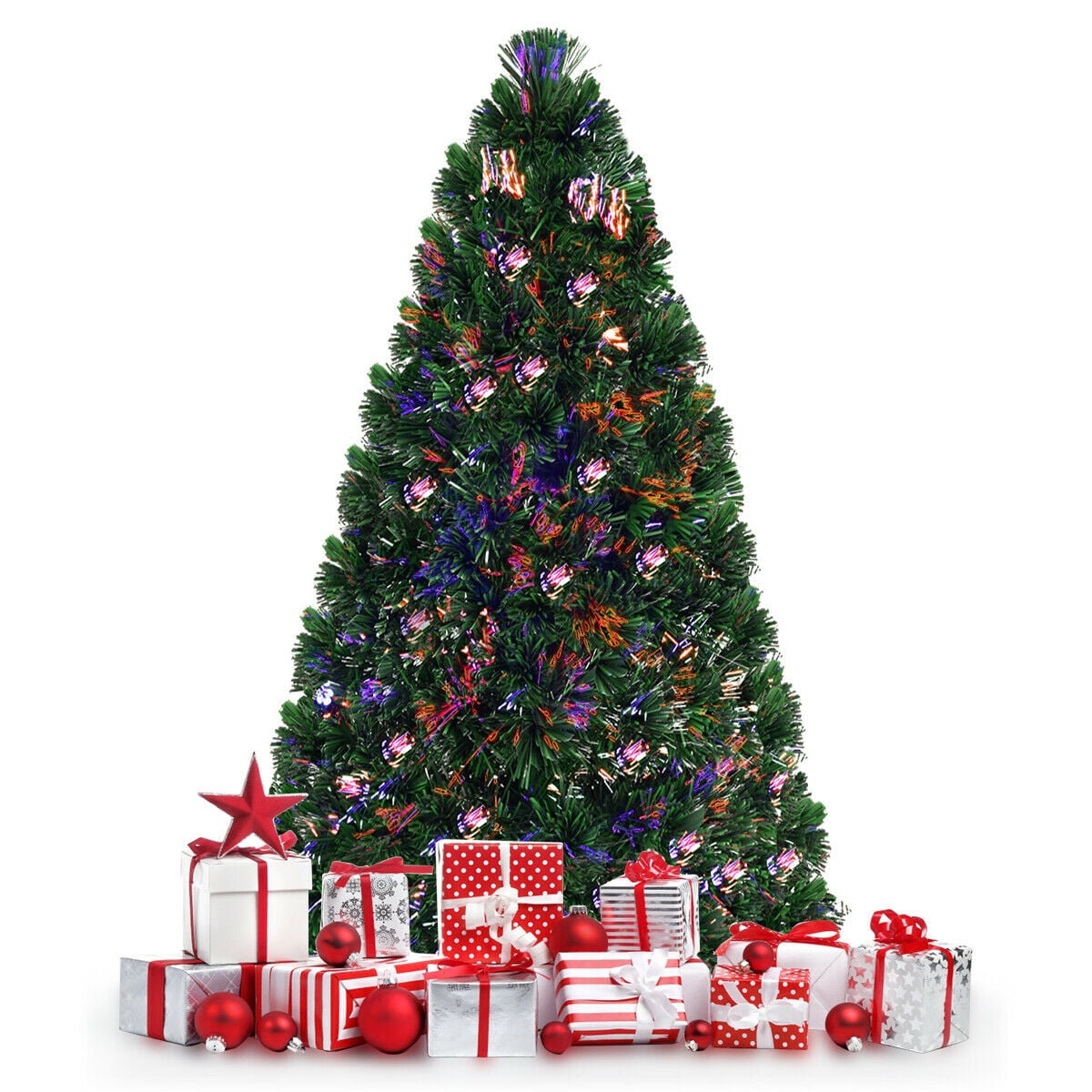 Costway 6Ft Pre-Lit Fiber Optic PVC Christmas Tree Metal Holiday