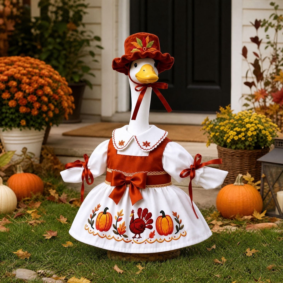 AZXY Thanksgiving Porch Goose Outfit, 23 Inch Lawn Goose Costume with Pilgrim Hat & Pumpkin Turkey Print Dress, Goose Clothes for Cement Plastic Goose Statue, Outdoor Yard Patio Fall Garden Decor