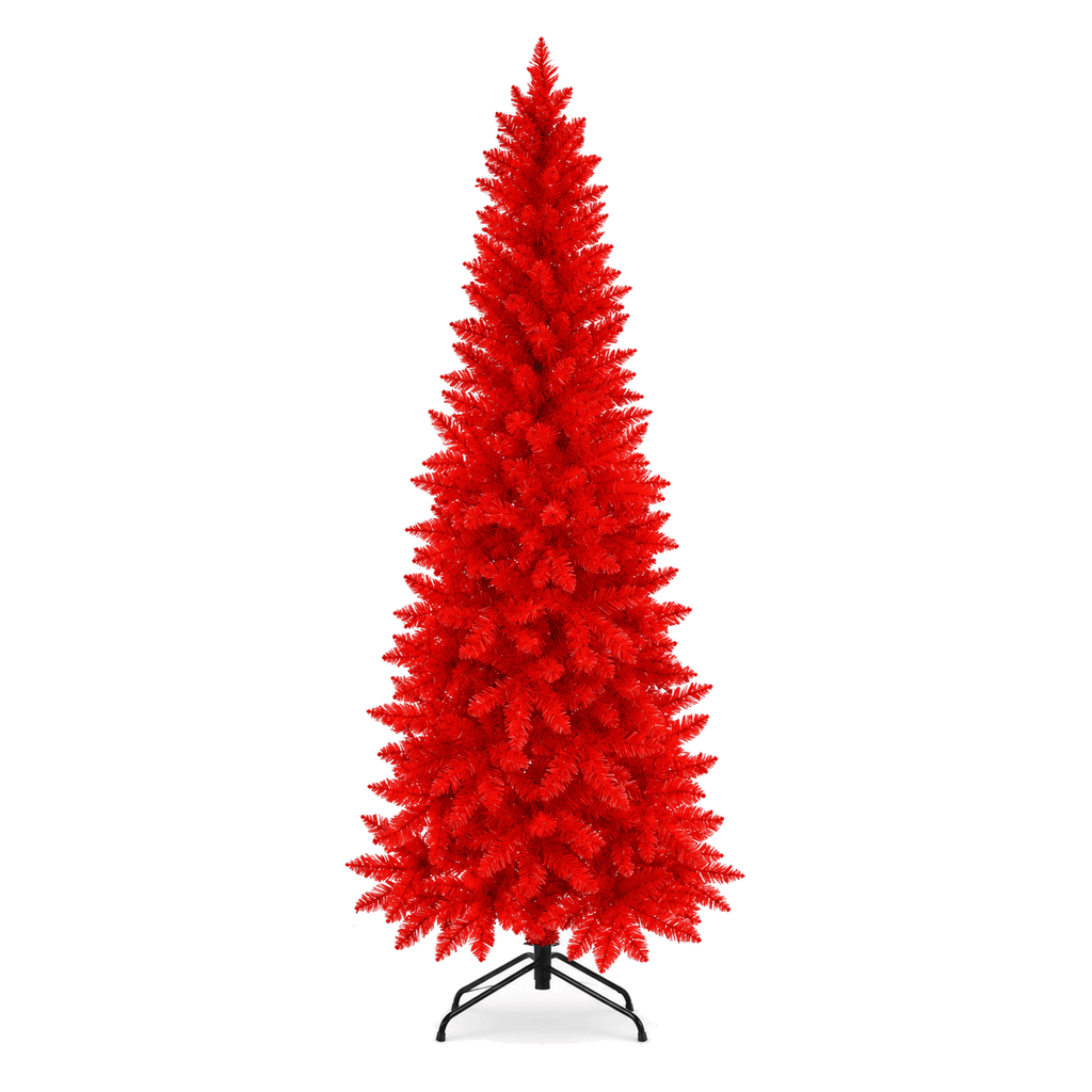 Ahititi 7 FT Red Christmas Tree, Slim Artificial Pencil Tree with 950 PVC Tips, Hinged Branches & Folding Stand, Holiday Decor