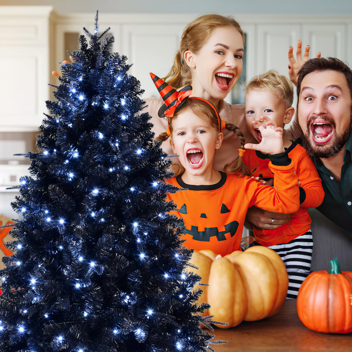 Artificial 7.5ft Black LED-lit Christmas Tree with 2156PE/PVC Mixed Branch Tips,Hinged Premium & Foldable Base for Indoor Holiday Decorating