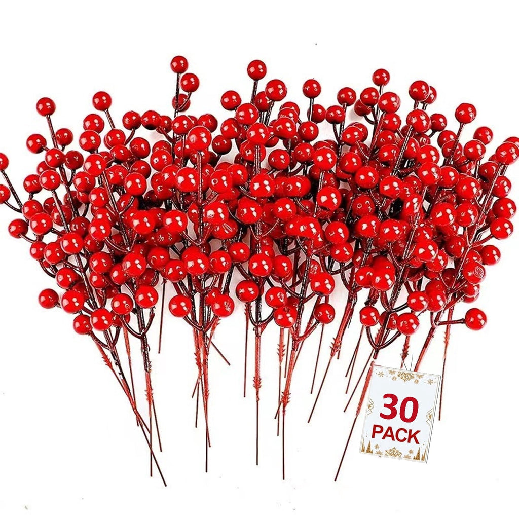 Artificial Red Berry, 30 Pack Holly Christmas Tree Berries Stems for Christmas Tree Decorations, Crafts, Holiday and Home Decor (Red)