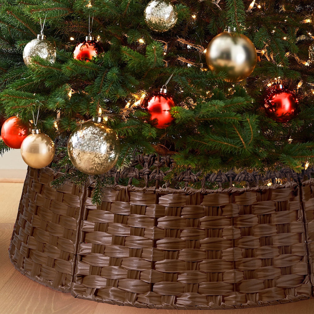 Ayieyill 26in Christmas Tree Collar, Handmade Woven Tree Collar, Christmas Tree Skirt for Artificial Trees | Wooden | Brown