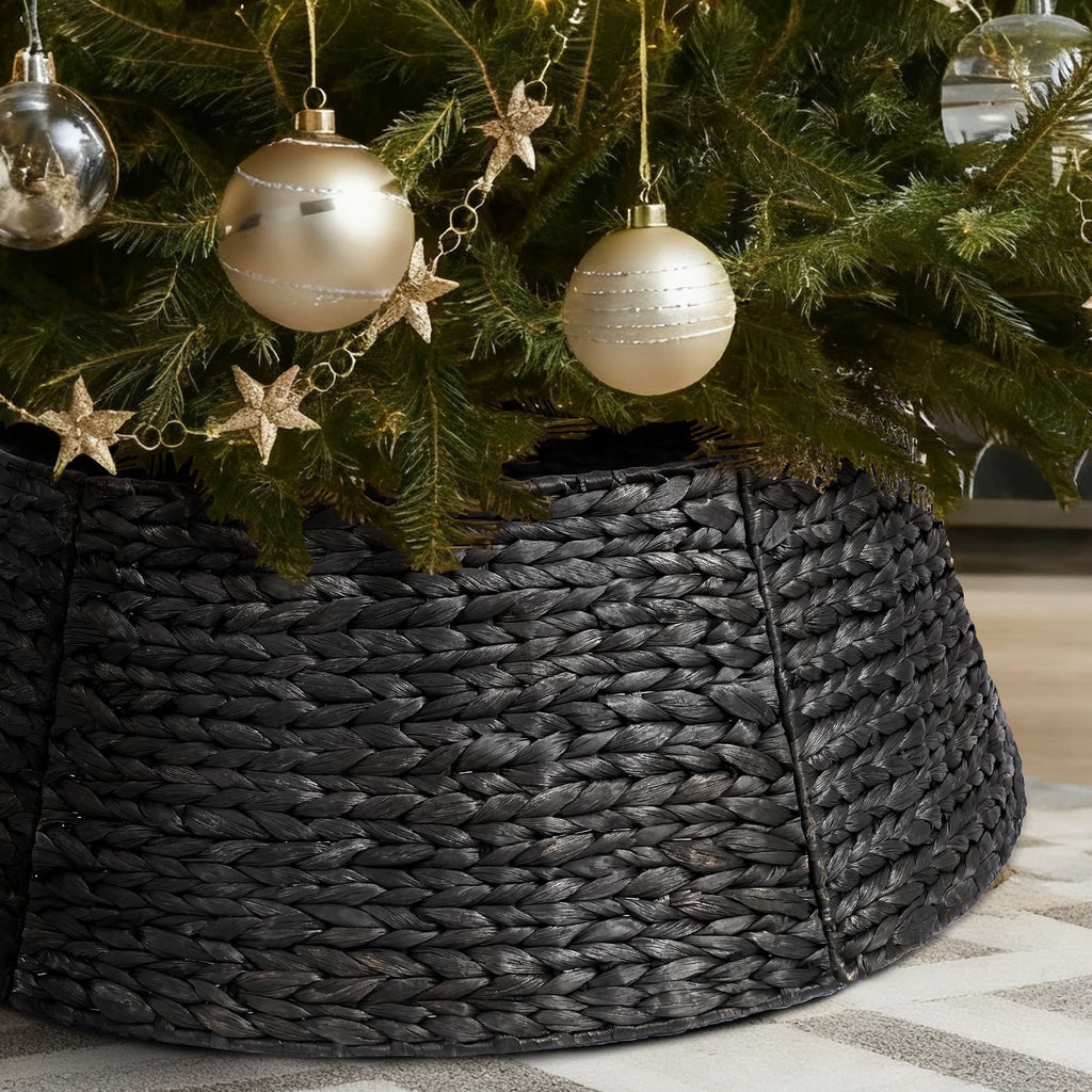 Ayieyill 26in Woven Hyacinth Christmas Tree Collar, Christmas Tree Decorations, Tree Skirt Accessory w/ Cord Cut-Out | Black