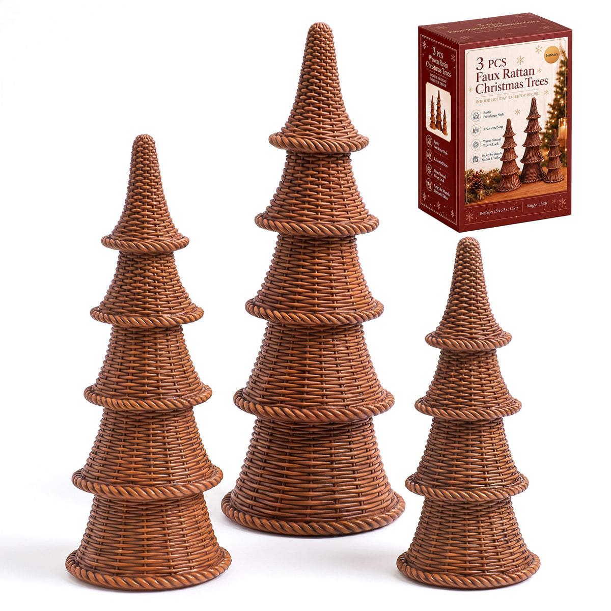 Ayieyill 3 Pcs Woven Christmas Tree Decor Rustic Christmas Tabletop Decor, Farmhouse Table Centerpiece
