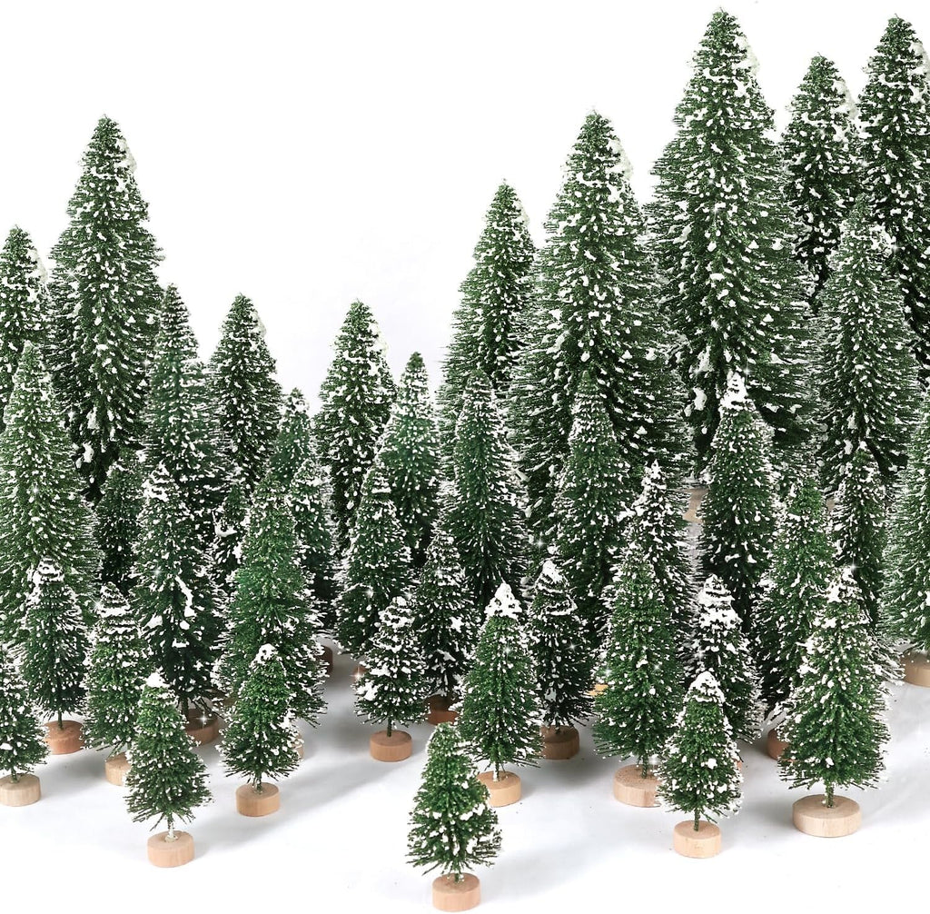 Ayieyill 30PCS Artificial Mini Christmas Trees, Mini Pine Tree Sisal Trees with Wood Base Bottle Brush Trees for Christmas Table Top Decor Winter Crafts Ornaments