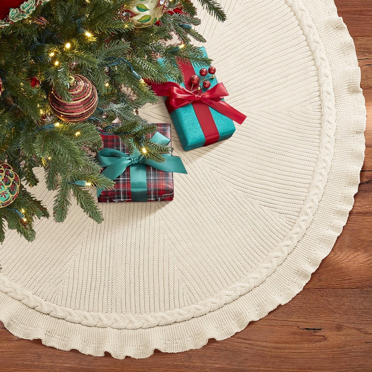 Ayieyill Christmas Tree Skirt, 48 inches Cable Knit Knitted Thick Rustic Xmas Tree Skirts Decoration, Red Tree Skirt Christmas Decoration, Burgundy