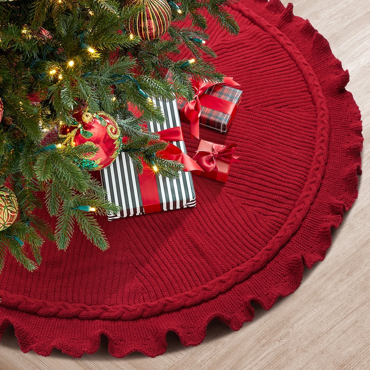 Ayieyill Christmas Tree Skirt, 48 inches Cable Knit Knitted Thick Rustic Xmas Tree Skirts Decoration, Red Tree Skirt Christmas Decoration, Burgundy