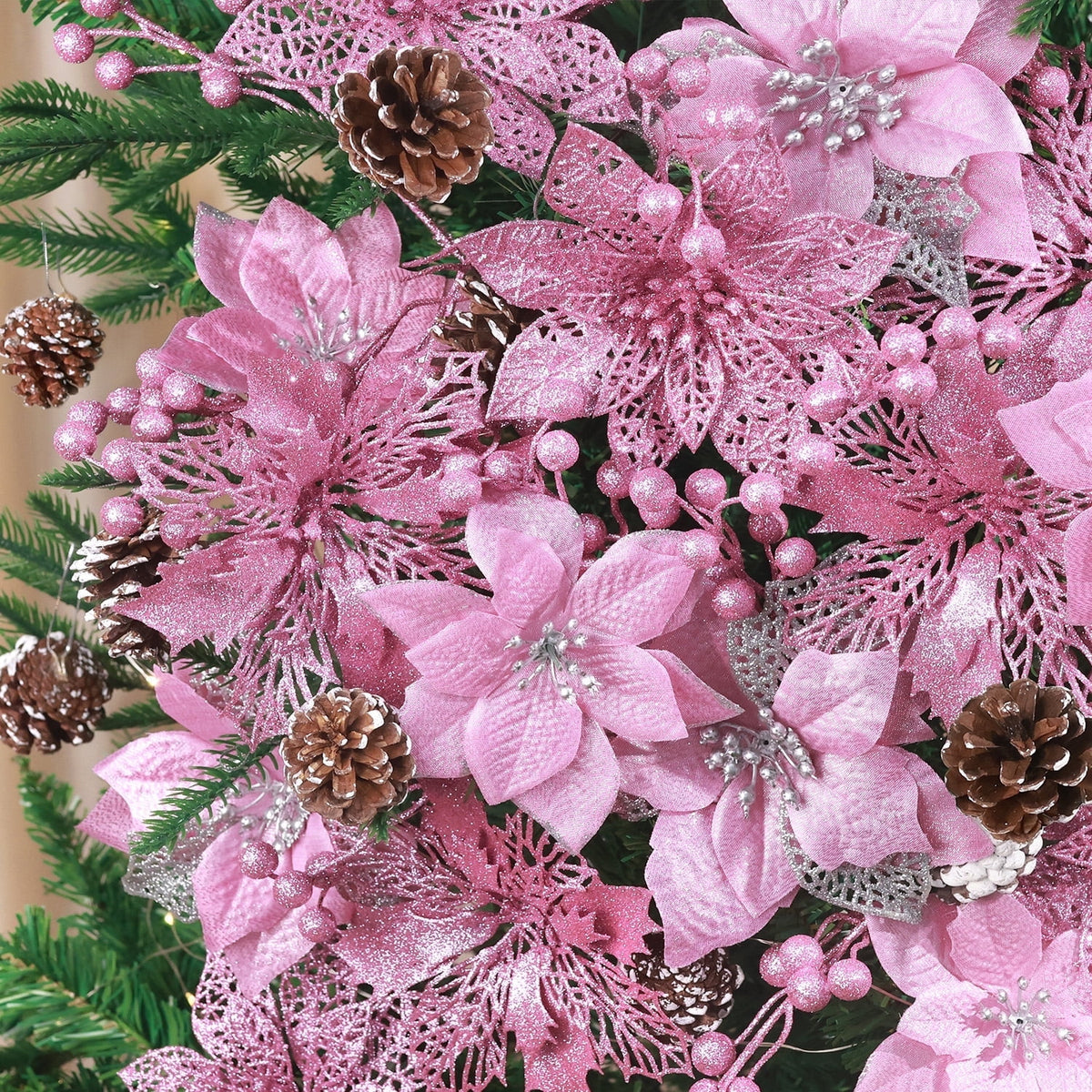 Ayieyill 56Pcs Poinsettia Christmas Flowers Decorations Christmas flower ornaments Artificial Glitter Berry Stems Christmas Pine Cones Christmas Tree Ornaments Set Christmas Tree Decorations (Pink)