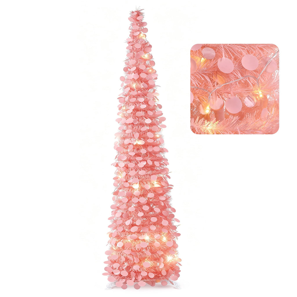 Ayieyill 5ft Pencil Christmas Tree, Collapsible Xmas Tree with Lights, Pop Up Tinsel Tree for Christmas Decorations Indoor, Pink White