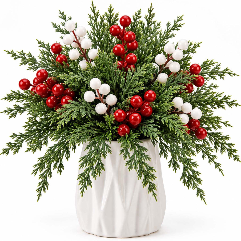 Ayieyill 39 Pack Artificial Pine Branches, 13.5 Inch Christmas Greenery Stems with Red & White Berries for Vase DIY Christmas Decorations Indoor