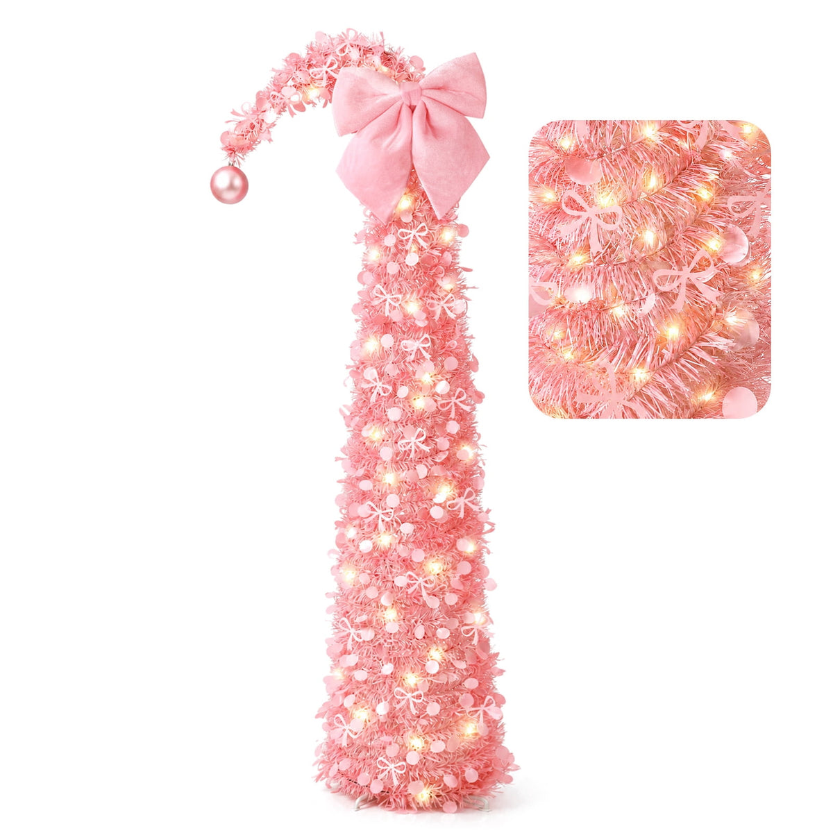 Ayieyill Christmas Tree 5FT Pencil Christmas Tree, Collapsible Pop up Tinsel Tree for Christmas Decorations Indoor, Pink