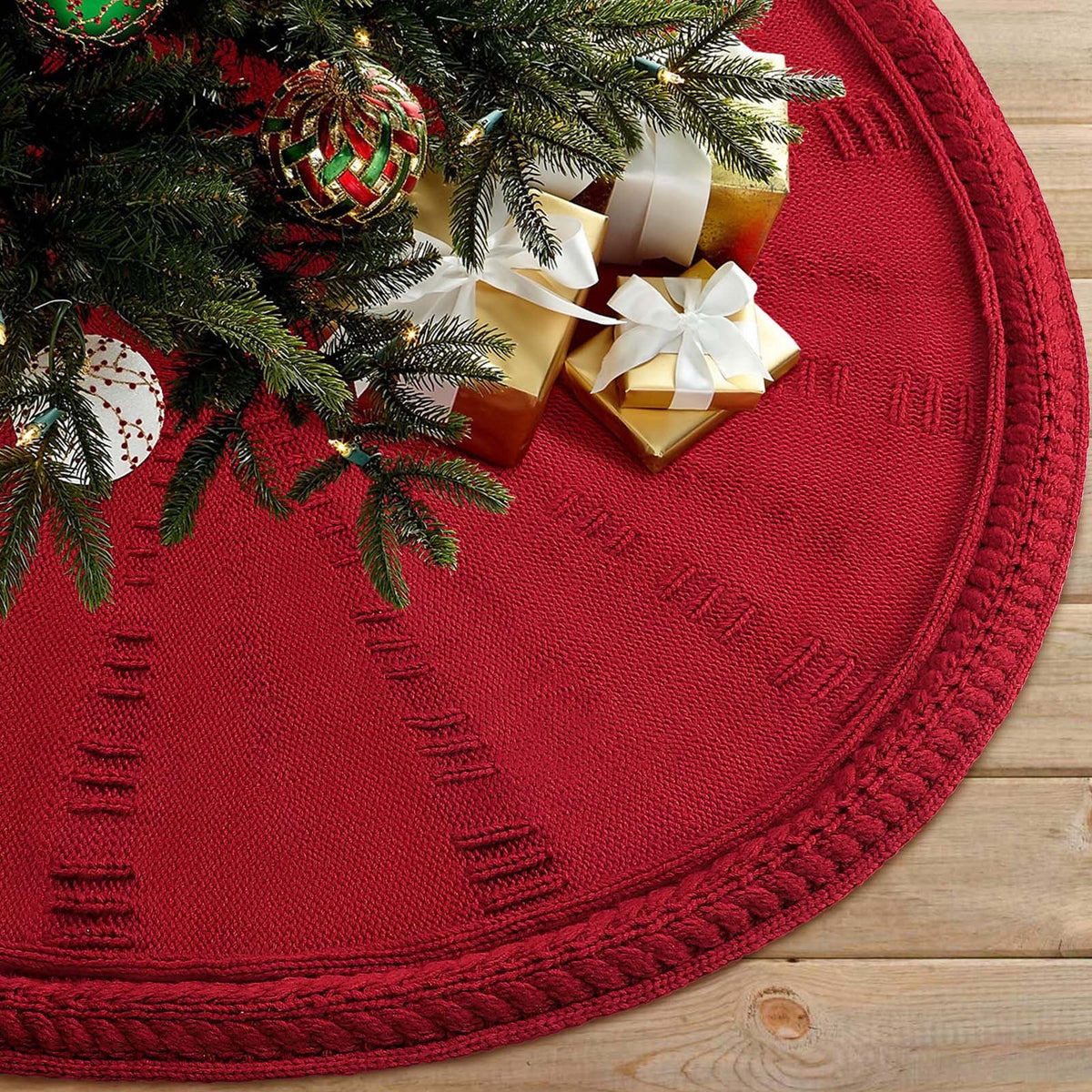 Ayieyill Christmas Tree Skirt, 48 inches Cable Knit Knitted Thick Rustic Xmas Tree Skirts Decoration, Red Tree Skirt Christmas Decoration, Burgundy