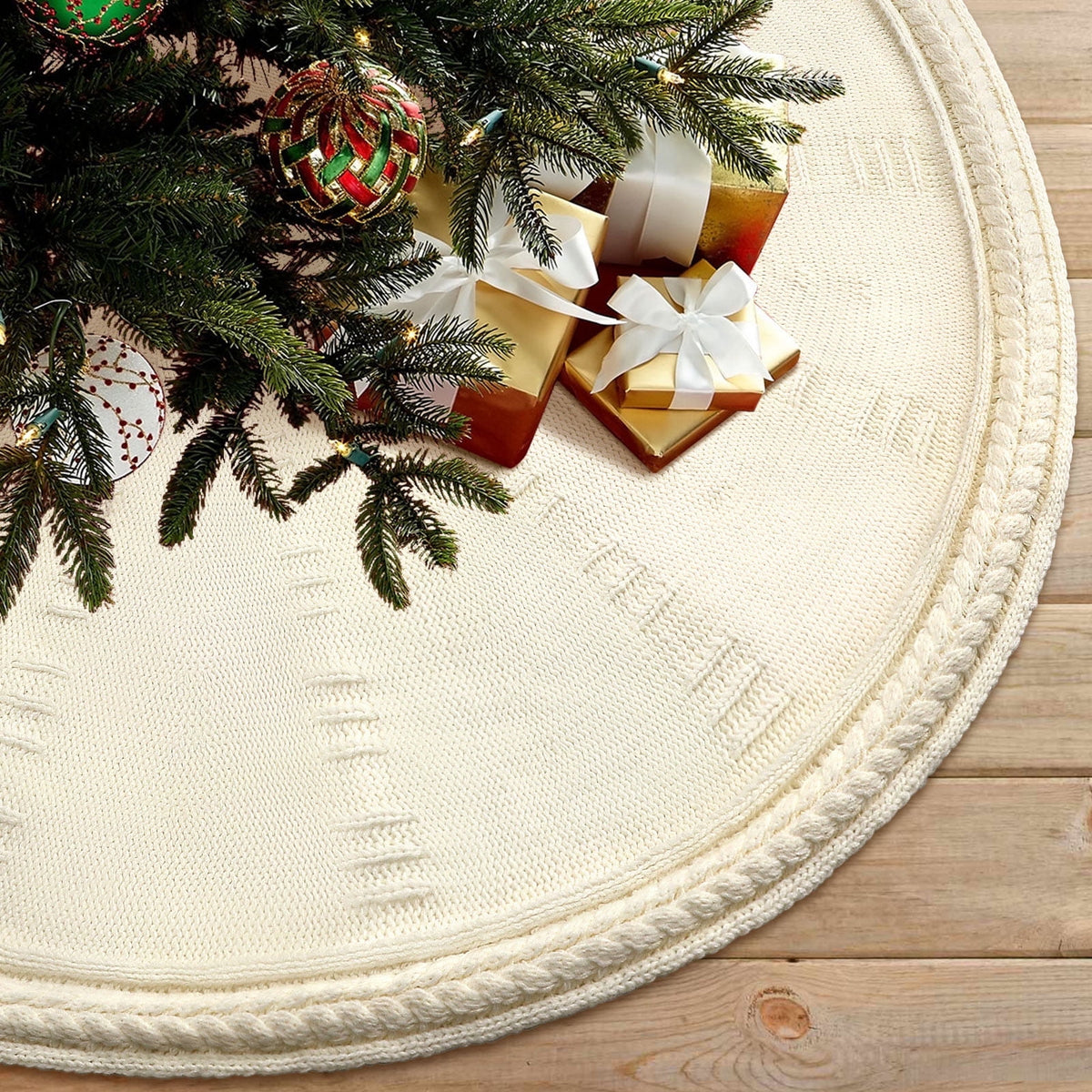 Ayieyill Christmas Tree Skirt, 48 inches Cable Knit Knitted Thick Rustic Xmas Tree Skirts Decoration, Red Tree Skirt Christmas Decoration, Burgundy