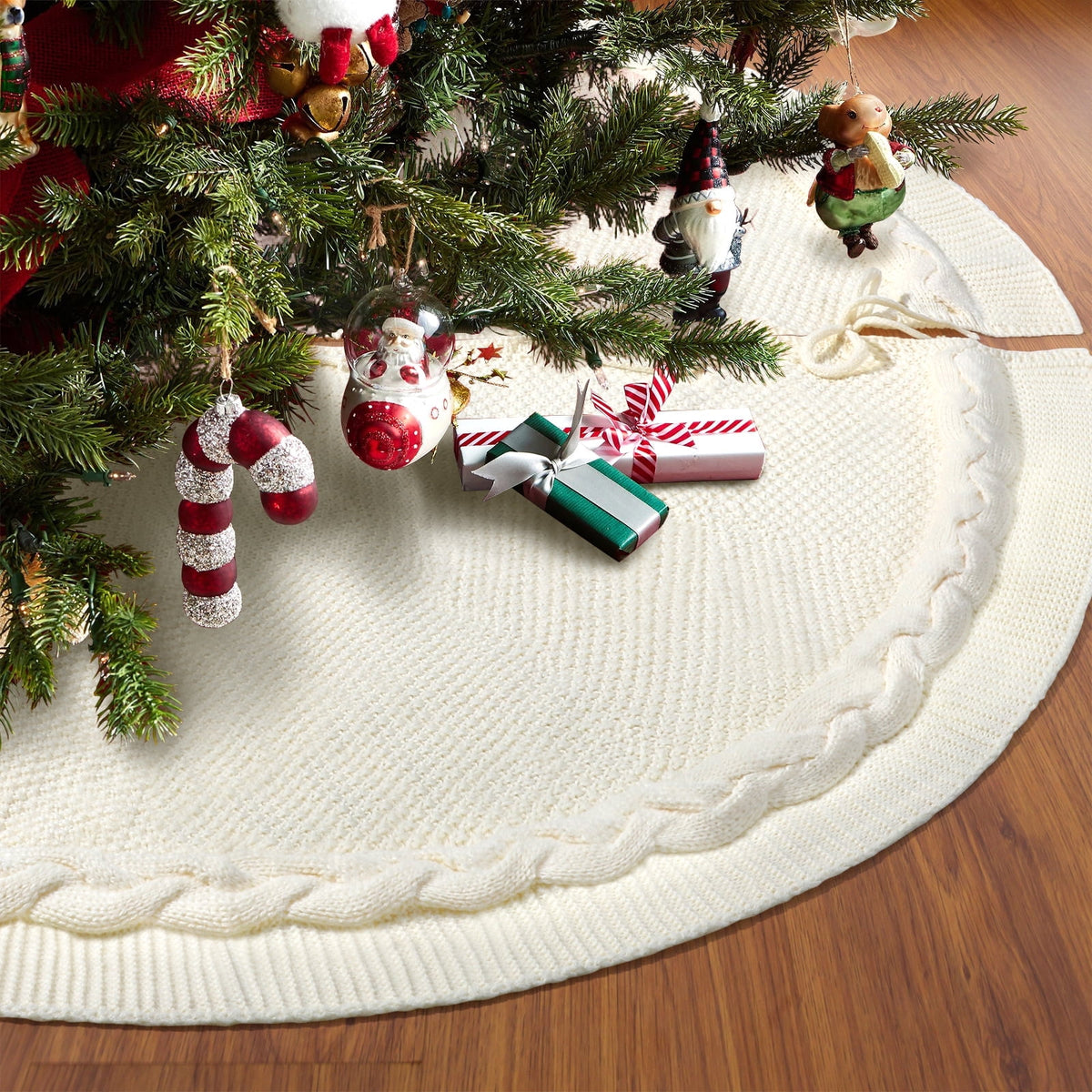 Ayieyill Christmas Tree Skirt, 48 inches Cable Knit Knitted Thick Rustic Xmas Tree Skirts Decoration, Red Tree Skirt Christmas Decoration, Burgundy