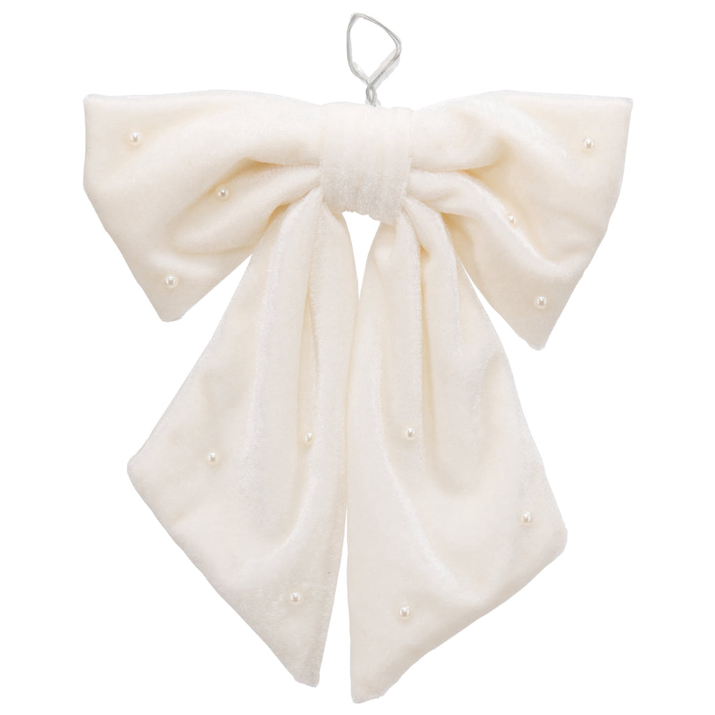 My Texas House White Beaded Velvet Decorative Christmas Bow, 7.5"