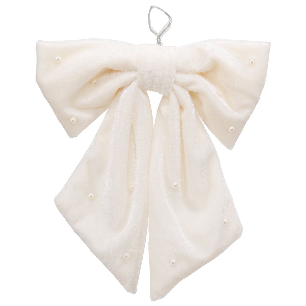 My Texas House White Beaded Velvet Decorative Christmas Bow, 7.5"