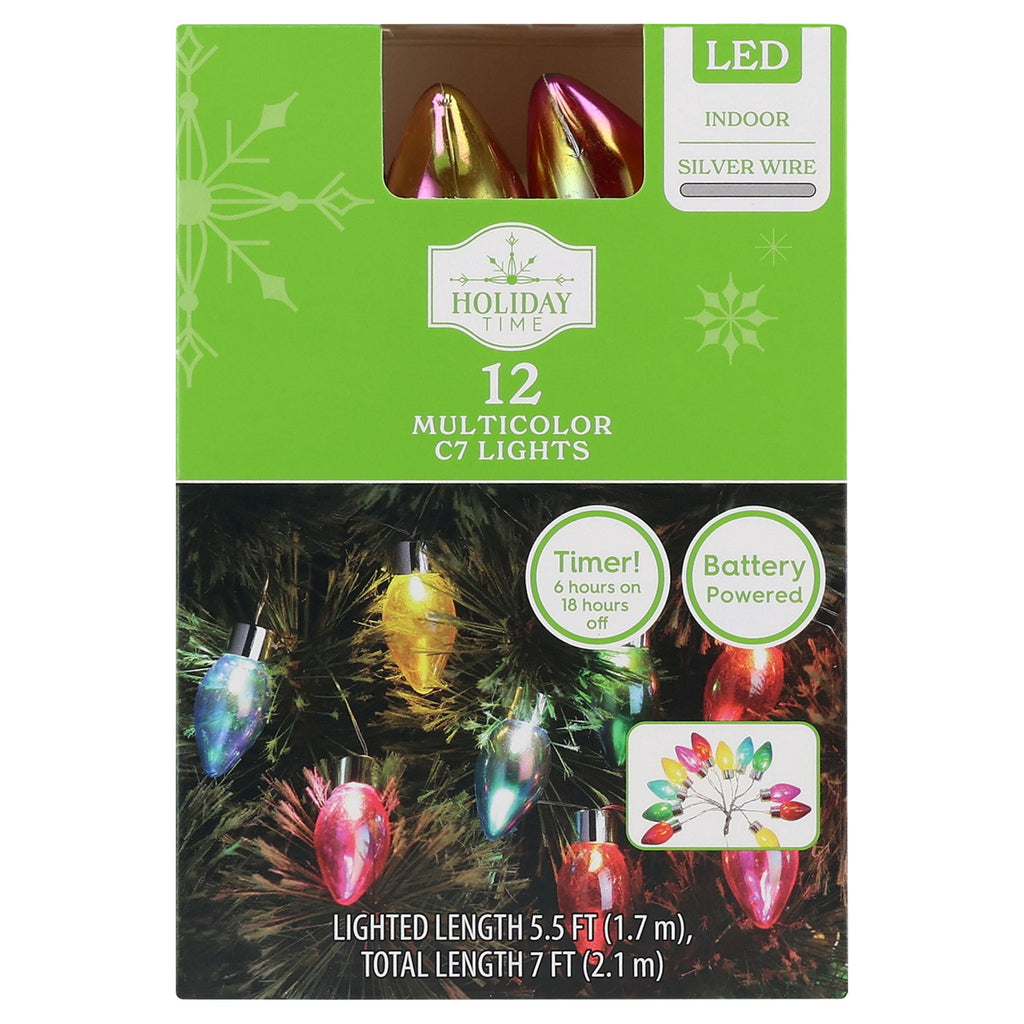 Indoor 12-Count Battery-Operated LED C7 Christmas String Lights, Multicolor, Silver Wire, 5.5', by Holiday Time