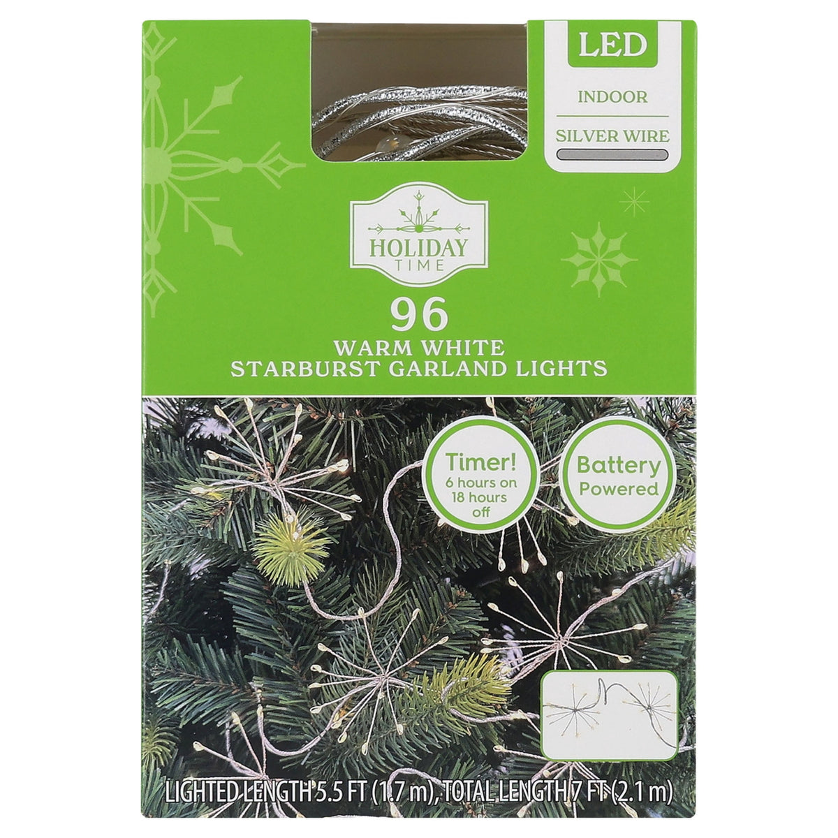 Indoor 96-Count Battery-Operated LED Starburst Christmas Garland Lights, Warm White, Silver Wire, 5.5', by Holiday Time
