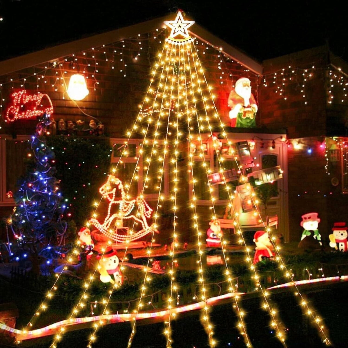Christmas Lights Outdoor,12.6ft 8 Lighting Modes Waterfall Lights for Christmas, Outdoor Christmas Decorations for Yard, Christmas Lights for Tree House Holiday Party, Warm White