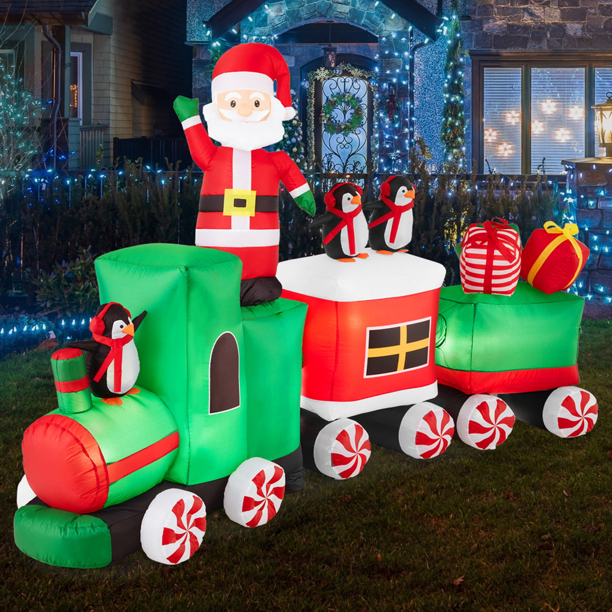 Best Choice Products 8.5 x 5ft Pre-Lit Inflatable Christmas Train & Animated Santa Claus w/ 10 LED Lights, Ground Stakes