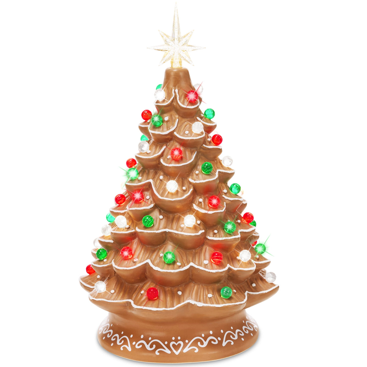 Best Choice Products 15in Ceramic Christmas Tree, Pre-lit Hand-Painted Tabletop Holiday Tree, Gingerbread Red/White/Grn