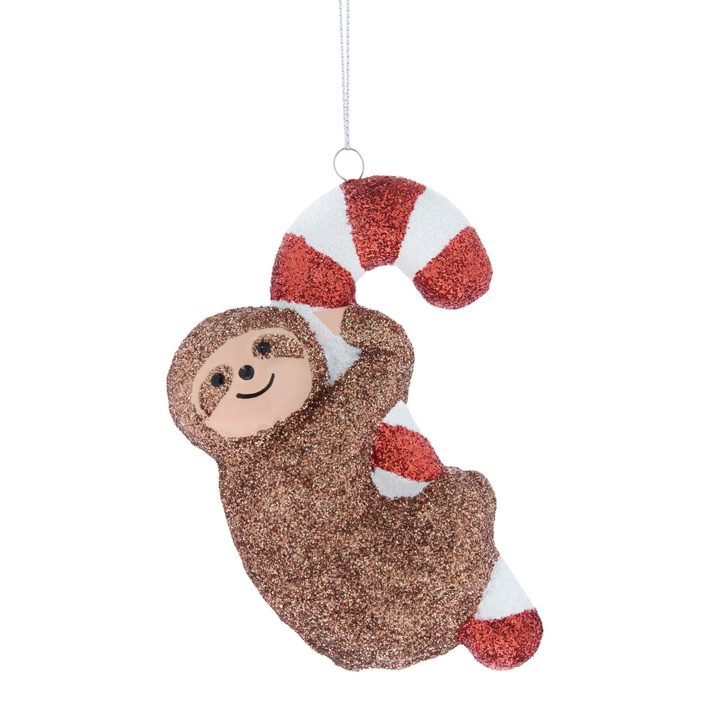 Brown/Red/White Glitter Sloth with Candy Cane Christmas Ornament, 4.3", by Holiday Time