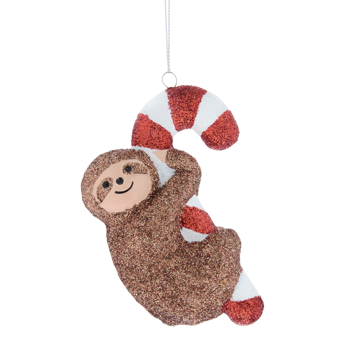 Brown/Red/White Glitter Sloth with Candy Cane Christmas Ornament, 4.3", by Holiday Time
