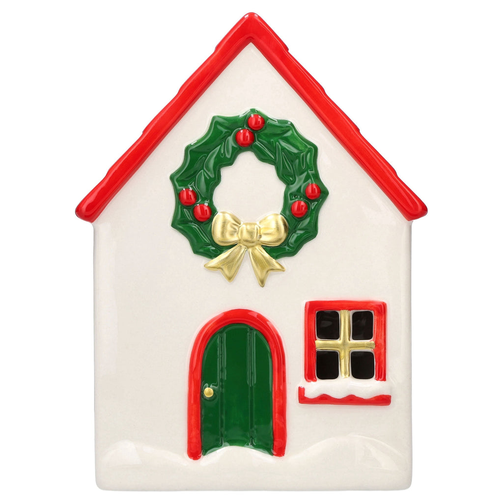Ceramic House with Wreath Christmas Decoration, Red/White/Green, 8", by Holiday Time