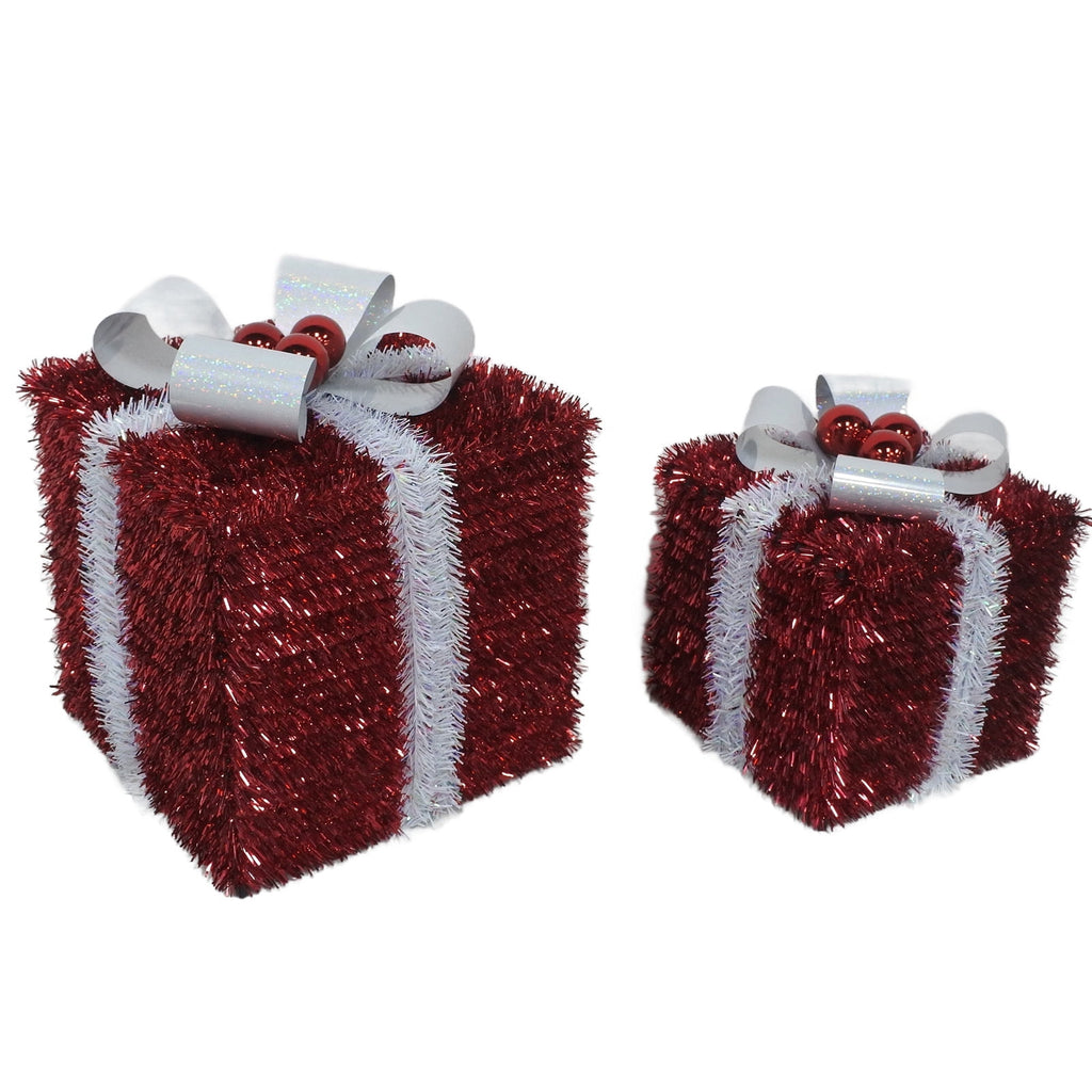 Tinsel Gift Boxes Christmas Decorations, Red and Silver, 2 Piece, by Holiday Time