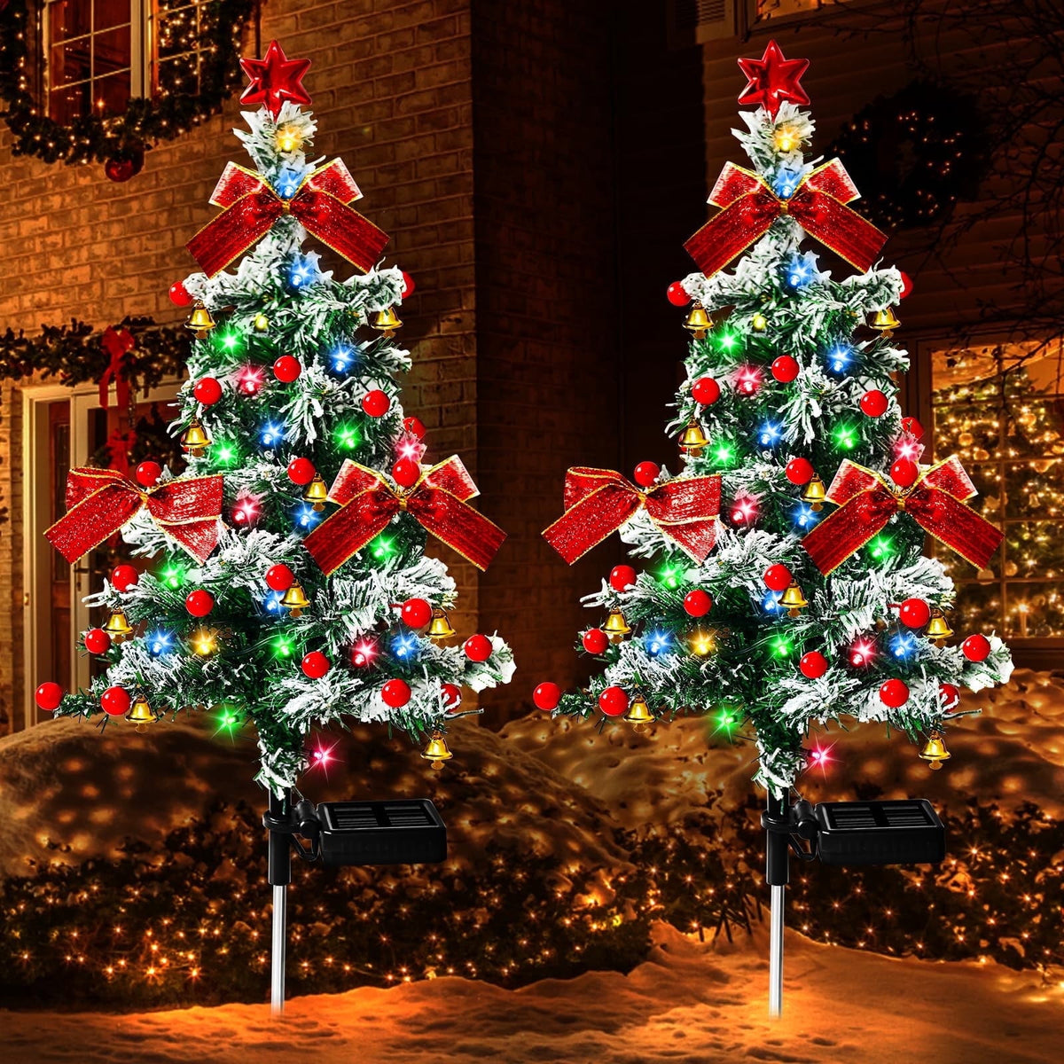 COCOBELA 2PCS Solar Christmas Trees Lights Outdoor Decor Waterproof, 40LED Small Metal Xmas Tree Pathway Lights, Garden Stake Lights Yard Decor with Snow 2 Modes for Path Lawn Patio