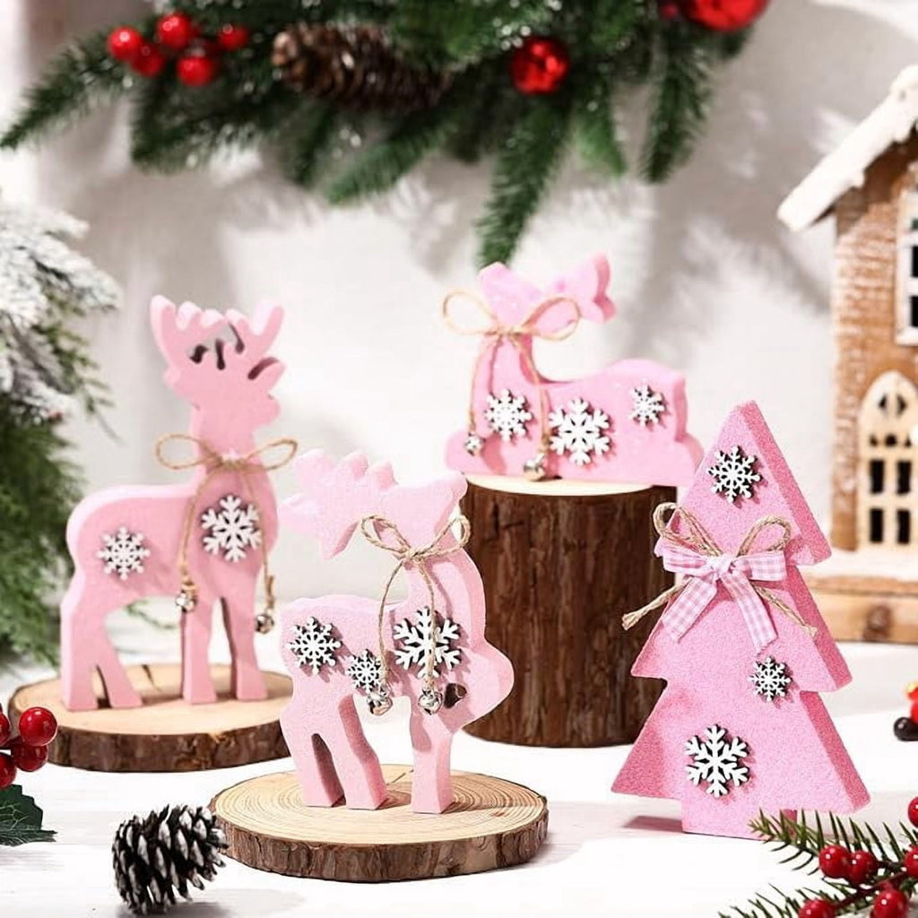 Christmas Reindeer Tabletop Decorations 4 Piece Wooden Reindeer and Christmas Tree Centerpieces Pink