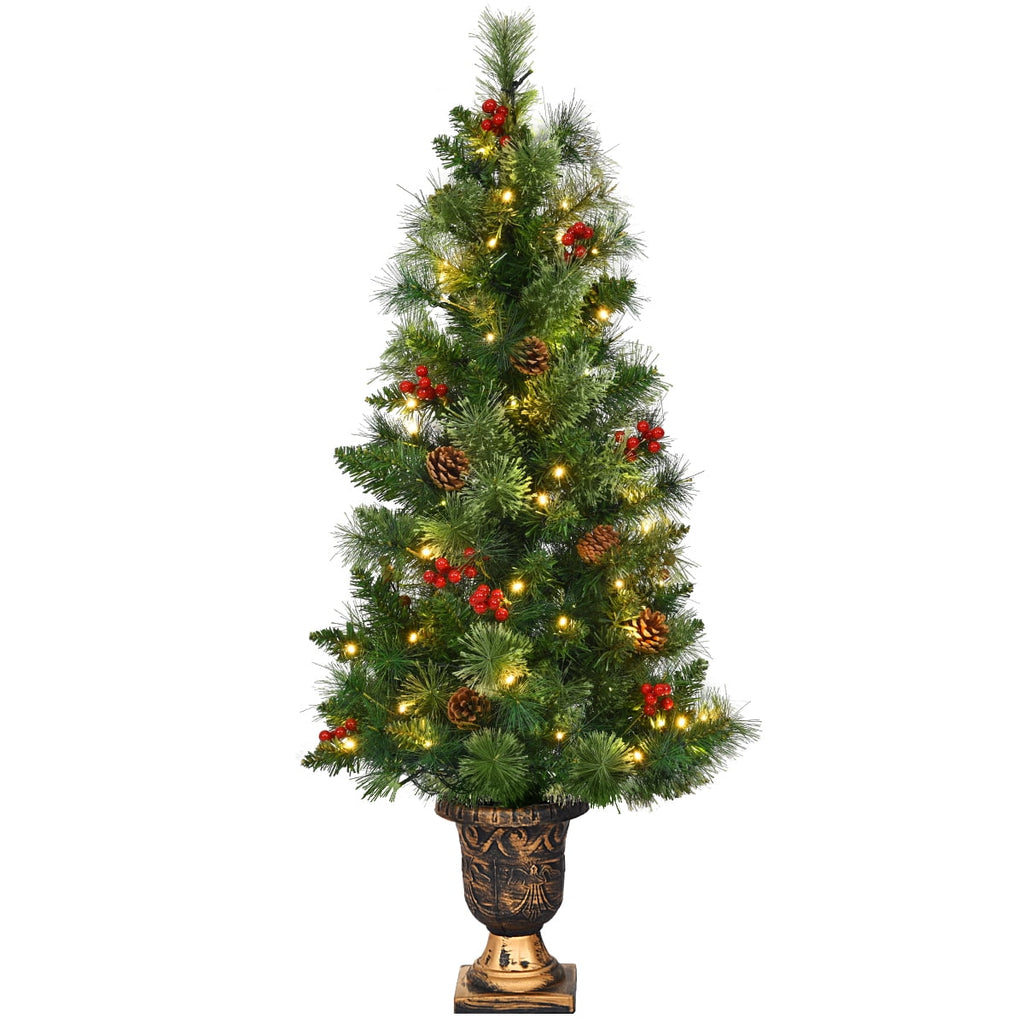 Costway 4ft Pre-Lit Christmas Entrance Tree In Urn w/ 60 LED Light Red Berries Pine Cone