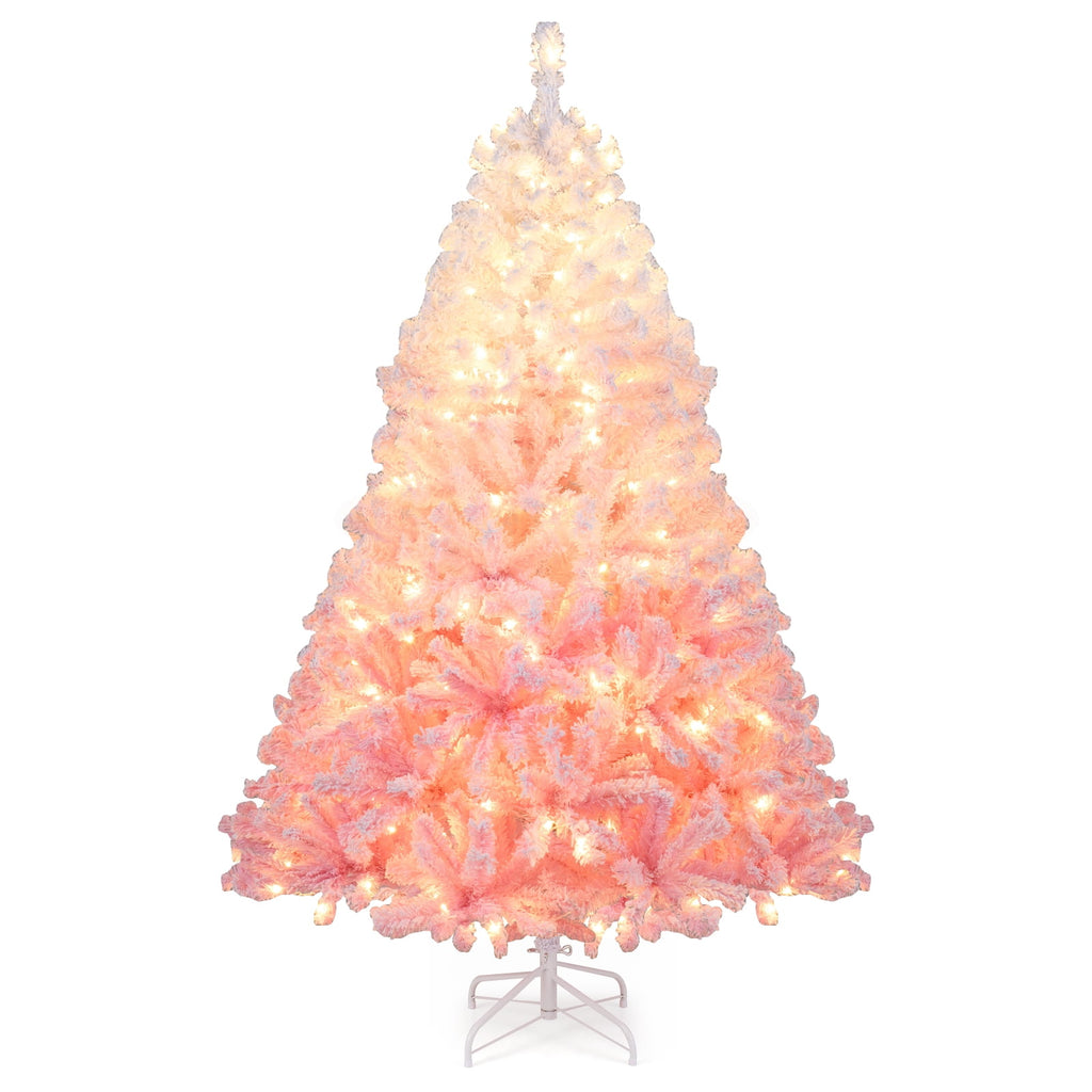 Costway 6 FT Artificial Christmas Tree with 250 Warm White LED Lights, 8 Lighting Modes & Folding Metal Stand White & Pink