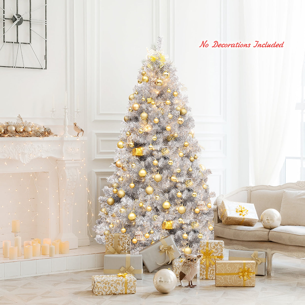 Costway 6Ft Hinged Unlit Artificial Silver Tinsel Christmas Tree Holiday w/Metal Stand