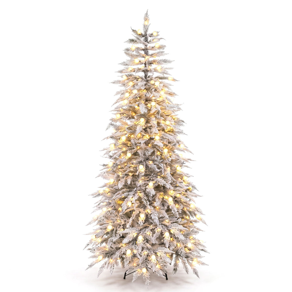 Costway 7 ft Flocked Cypress Christmas Tree with 710 Full PE Branch Tips, 350 LED Lights Sparse-Style White