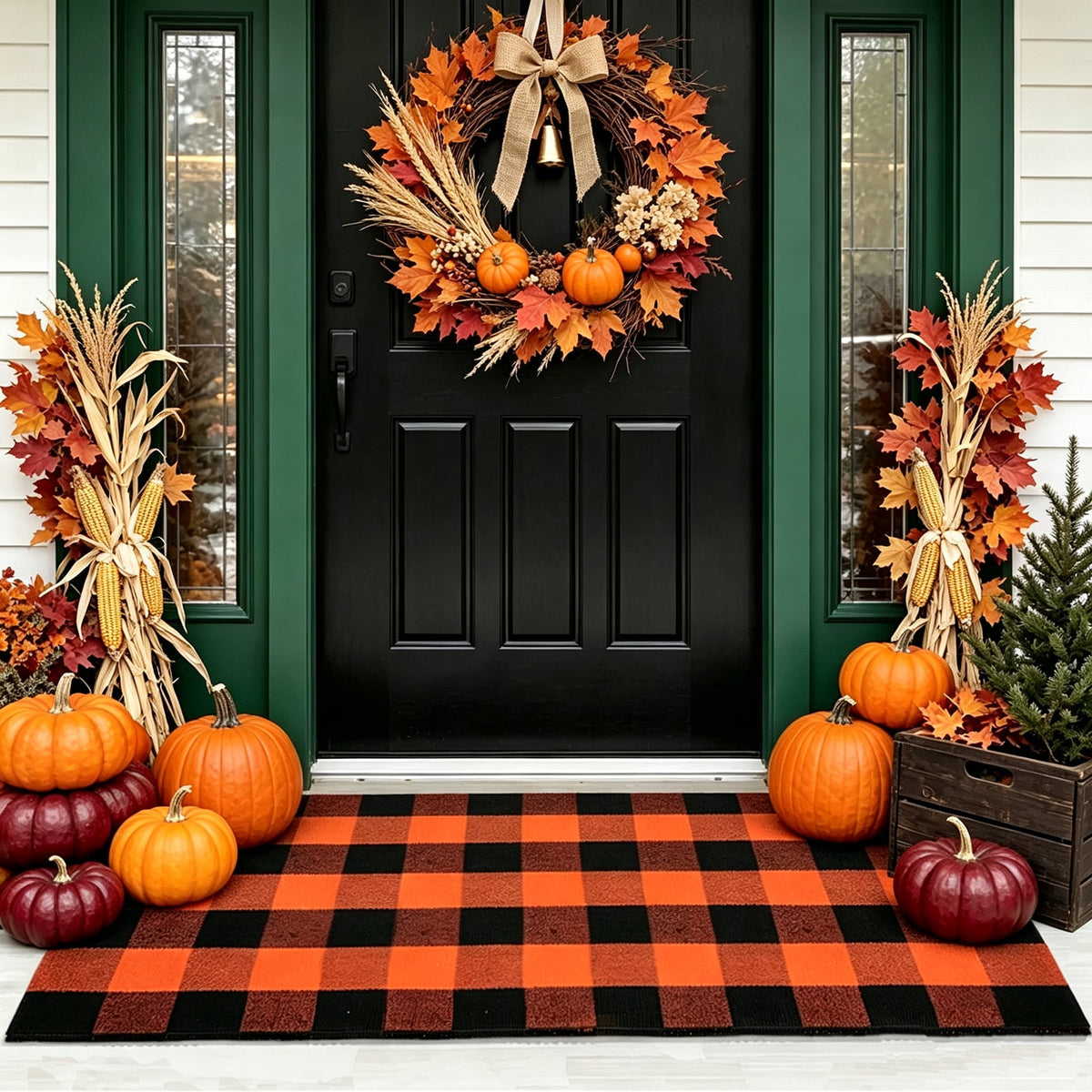 euoloart Buffalo Plaid Orange Black Doormat, 27.5x43 inch Washable Outdoor Mat for Front Porch Entryway