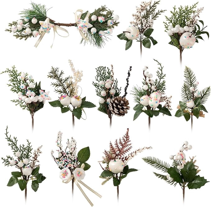 Crafare12 Pack Artificial Christmas Tree Picks Assorted Candy Pine Picks Spray with Pinecones Apples Holly Leaves Winter Holiday Season Decoration
