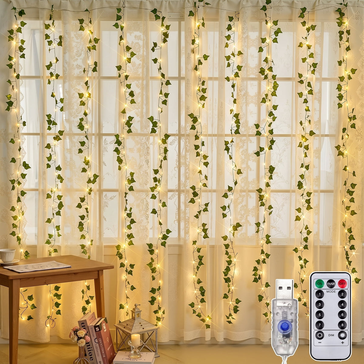 DAYBETTER Ivy Curtain String Lights, 200 LED USB Powered Hanging Artificial Plant Fairy Lights with 8 Modes, for Wedding Party Holiday Decor (9.9 x 6.6FT)