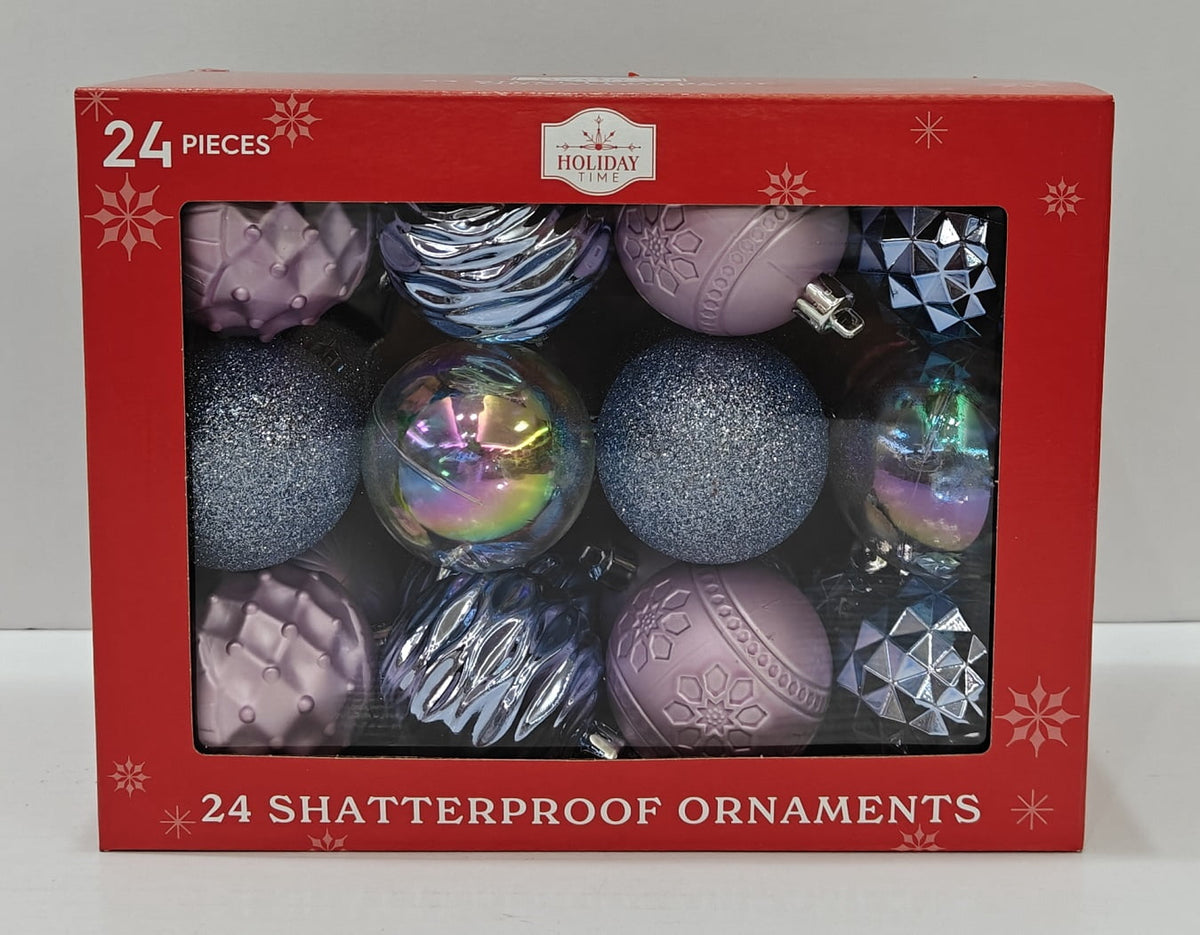 24-Count Purple/Blue/Clear Shatterproof Christmas Ball Ornaments, 2.36 in, by Holiday Time