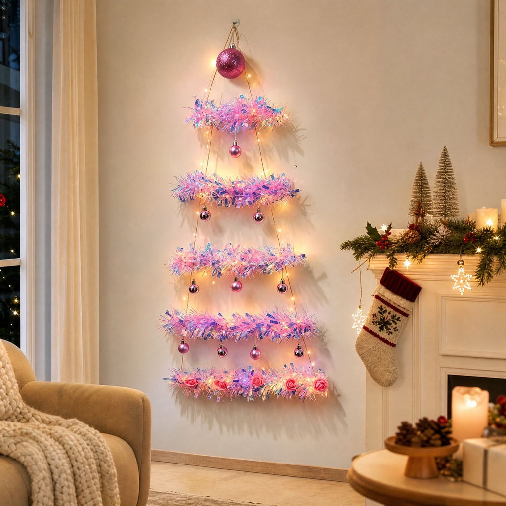 DIY Wall Mounted Christmas Trees with LED Light, Wall Hanging Christmas Tree, Space-Saving Christmas Decor Ideas for Small Space Home Holiday Decoration, 100x40cm