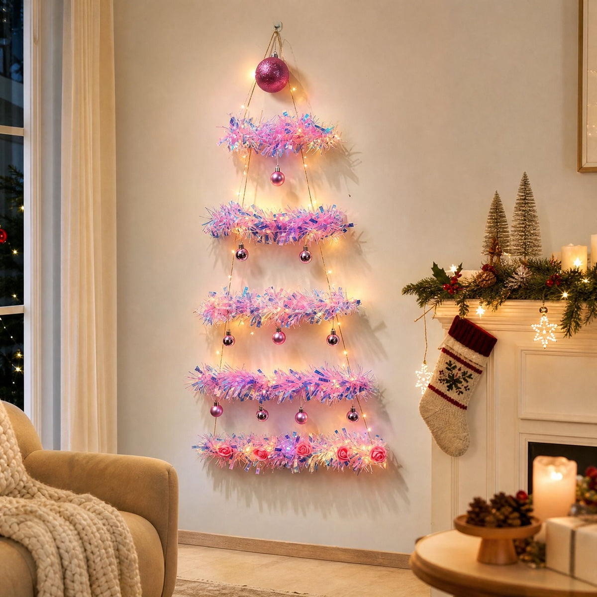 DIY Wall Mounted Christmas Trees with LED Light, Wall Hanging Christmas Tree, Space-Saving Christmas Decor Ideas for Small Space Home Holiday Decoration, 100x40cm