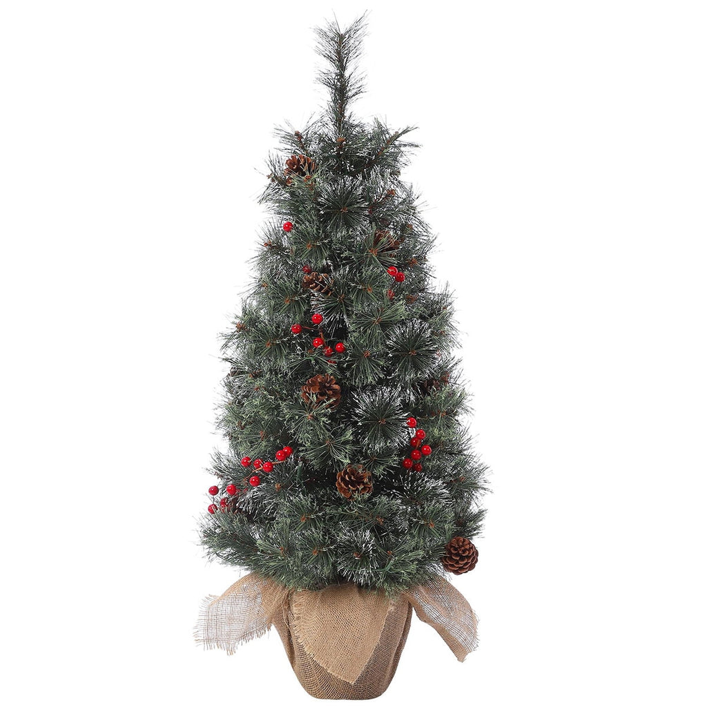 Danolapsi Mini Artificial Christmas Tree, 3ft Pre-Lit Christmas Tree with Burlap Base, 78 Warm White Led Lights, Small Holiday Xmas Tree with Pine Cones, Red Berries Clusters