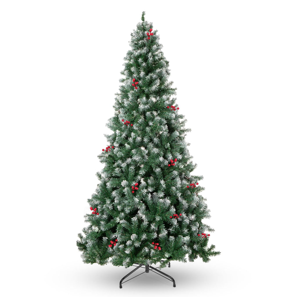 6FT Pre-Decorated Artificial Christmas Tree w/ 800 PVC Branch Tips, Red Berries for Home Office Party Decoration, Partially Flocked Design Xmas Trees w/ Dense Branches & Metal Stand