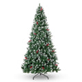 6FT Pre-Decorated Artificial Christmas Tree w/ 800 PVC Branch Tips, Red Berries for Home Office Party Decoration, Partially Flocked Design Xmas Trees w/ Dense Branches & Metal Stand