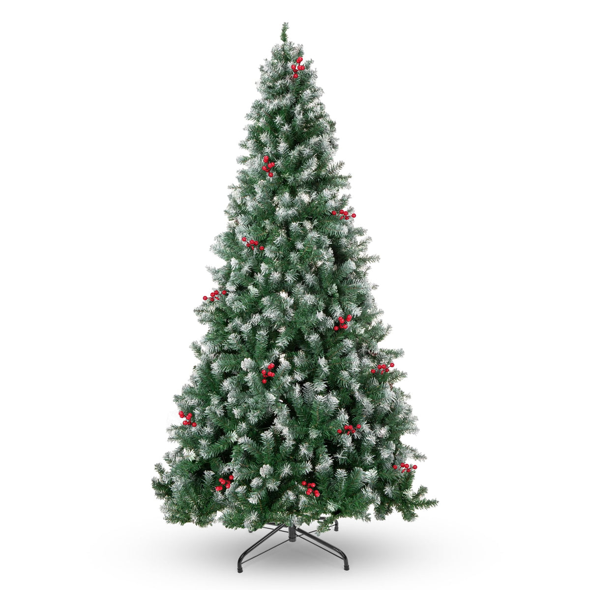 6FT Pre-Decorated Artificial Christmas Tree w/ 800 PVC Branch Tips, Red Berries for Home Office Party Decoration, Partially Flocked Design Xmas Trees w/ Dense Branches & Metal Stand