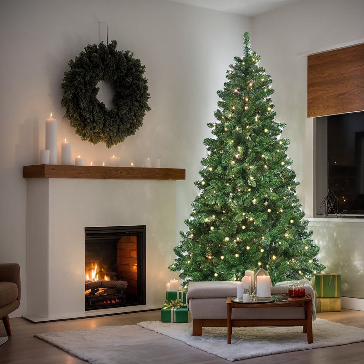 EDOEMSE Artificial Christmas Tree 9ft Green RGB-lit, 1721 PVC Tips, Hinged Base for Indoor Decor, Foldable Premium for Holiday, Tall Tree with Abundant Branches for Festive Season
